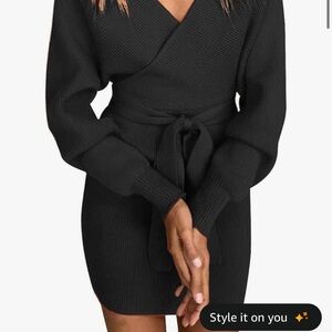 Chic Black Knit Wrap Mini Dress